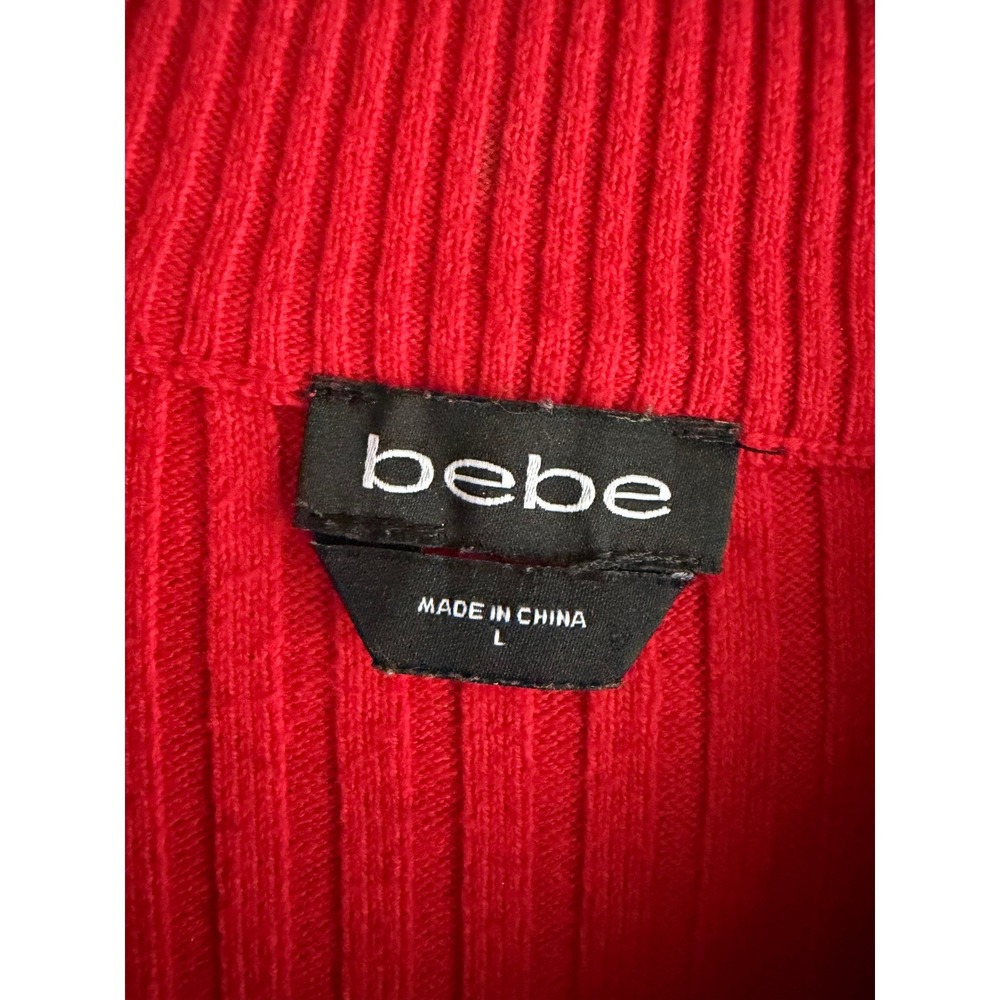 Bebe Red Ribbed Mock Neck Sweater Faux Pearl Logo Long Sleeve Top Large - Picture 2 of 4